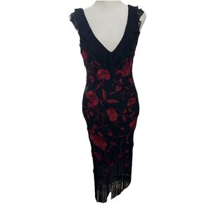 Cache Vintage Floral Fringe Black Red Dress Black 100%Silk  SIZE 6